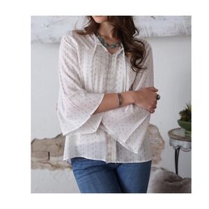 Cruel Denim White Arrow Print Boho Peasant Blouse 3/4 Bell Sleeve Top